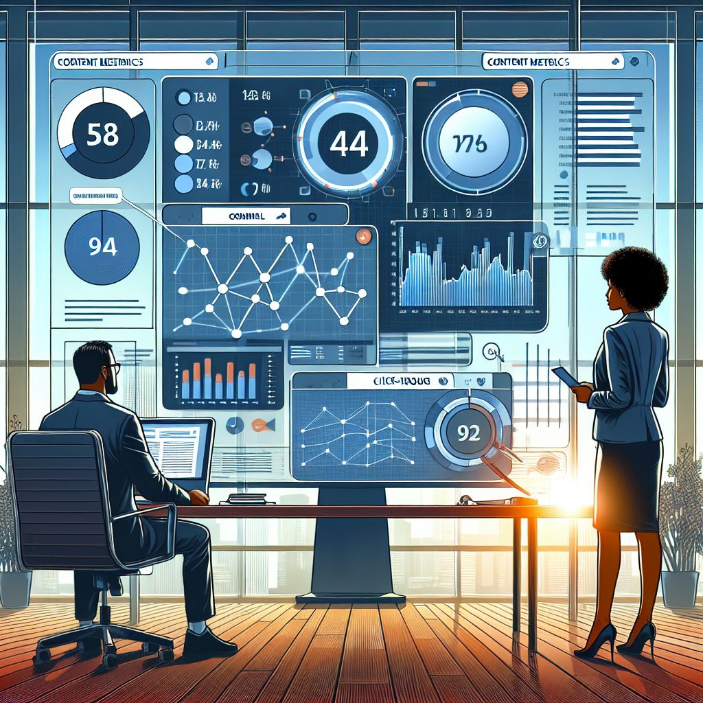 Two professionals analyzing data on large digital screens in a modern office. The screens display various metrics and graphs, helping them measure effectiveness. One person is seated while the other stands, holding a tablet, both discussing their content marketing strategy.