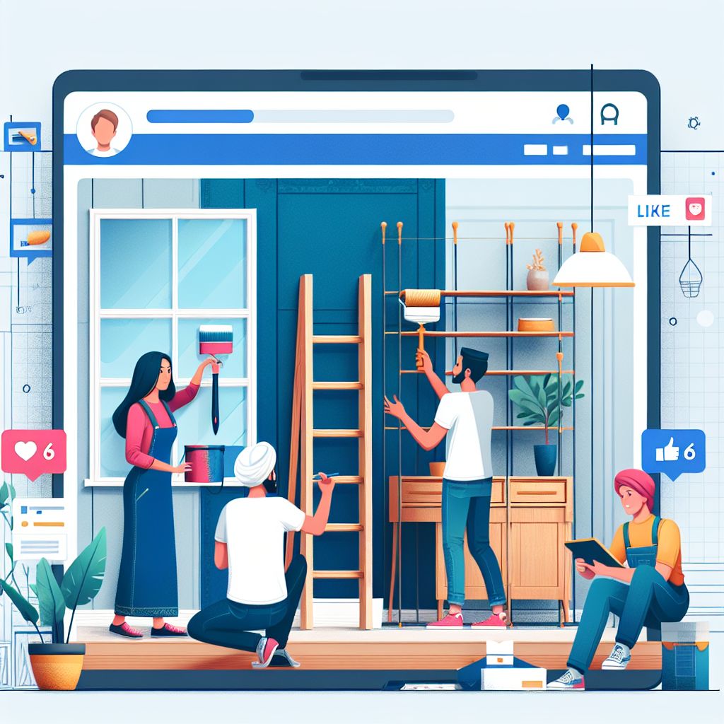 Illustration of people engaging in home improvement, painting a room with a digital interface resembling a social media post overlaying the scene. One person uses a ladder while others paint walls and a window frame. Icons of likes are visible.