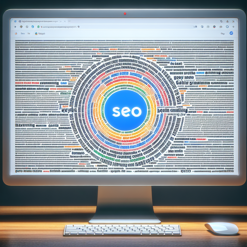 A computer monitor displays a word cloud with "SEO" at the center, surrounded by various terms like "Keywords" and "Keyword Stuffing," indicating search engine optimization concepts.