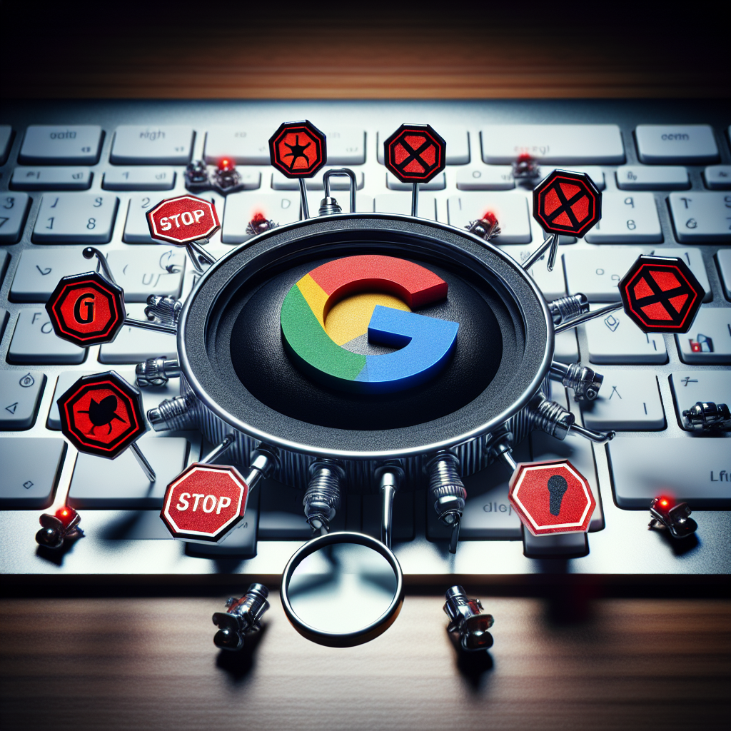 A keyboard features a prominent Google logo at the center, surrounded by various warning and stop symbols. This visual hints at security concerns or the need to avoid search engine penalties related to Google SEO practices.