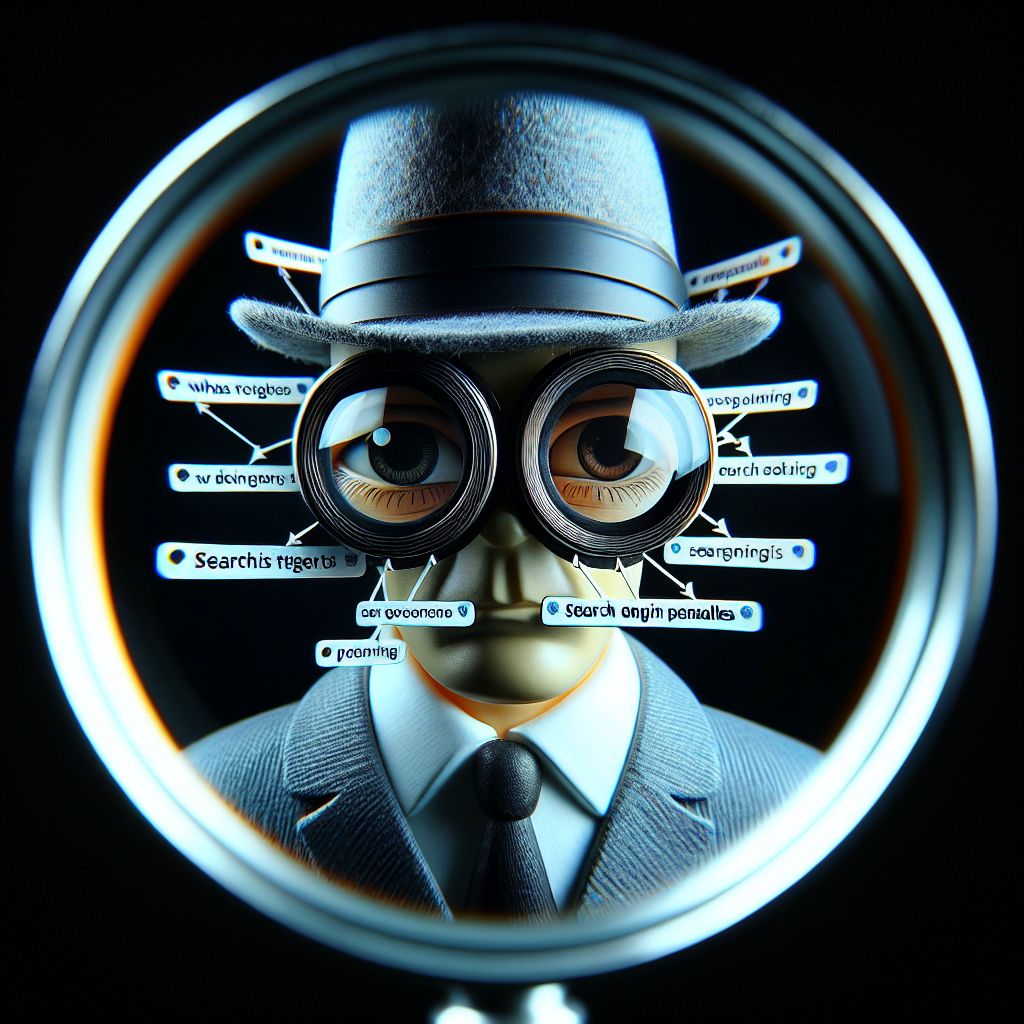 A person wearing a suit and hat peers through large magnifying glasses in an illustration. Various search-related terms, especially SEO and Avoid Penalties, float around the figure's head, suggesting investigation or analysis.