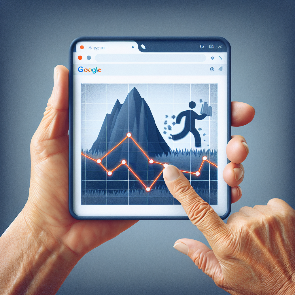 Hands hold a tablet displaying a graph with a red line and a silhouette of a person running uphill, symbolizing progress or growth, much like the journey of mastering SEO and avoiding search engine penalties.