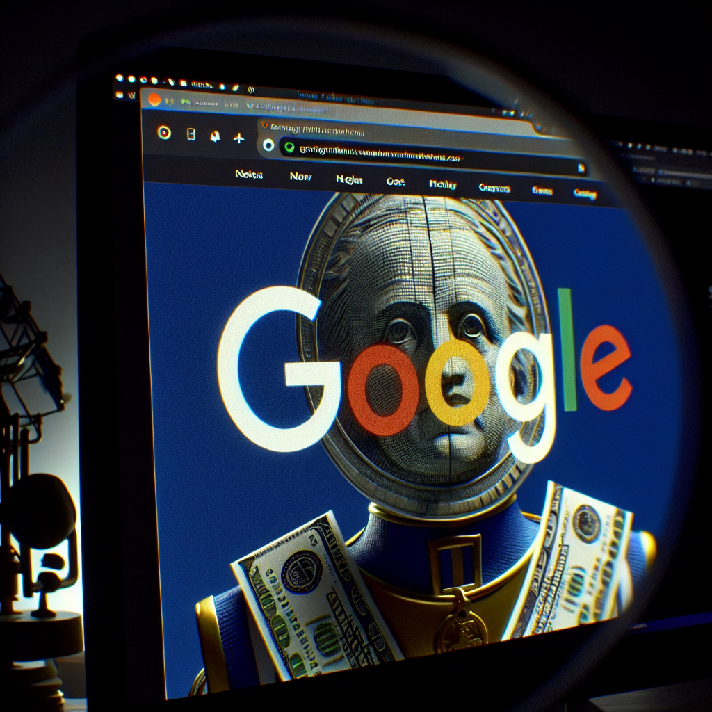 A computer screen displays the Google homepage with an image of a robot dressed in a royal outfit adorned with dollar bills. A magnifying glass partially enlarges the image, hinting at ways to avoid Search Engine Penalties.