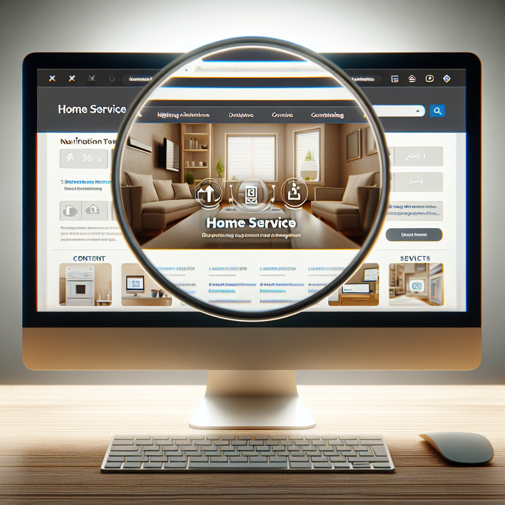 A computer screen displays a website for home services with a large magnifying glass highlighting sections like cleaning, maintenance, and repairs. To avoid search engine penalties, the site is optimized for SEO. A keyboard and mouse are in front of the screen.