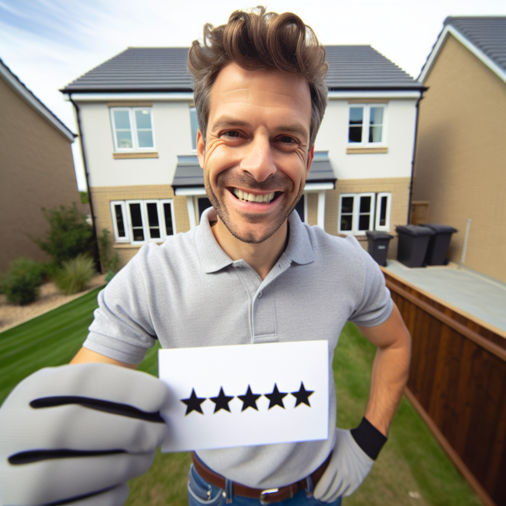 A man standing in a backyard, smiling and holding a card with five black stars, showcasing his success in meeting customer expectations.