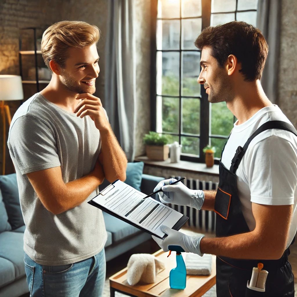 A man in a t-shirt engages in conversation with a worker holding a clipboard, setting expectations. They are indoors near a large window, and cleaning supplies are visible in the worker's apron.