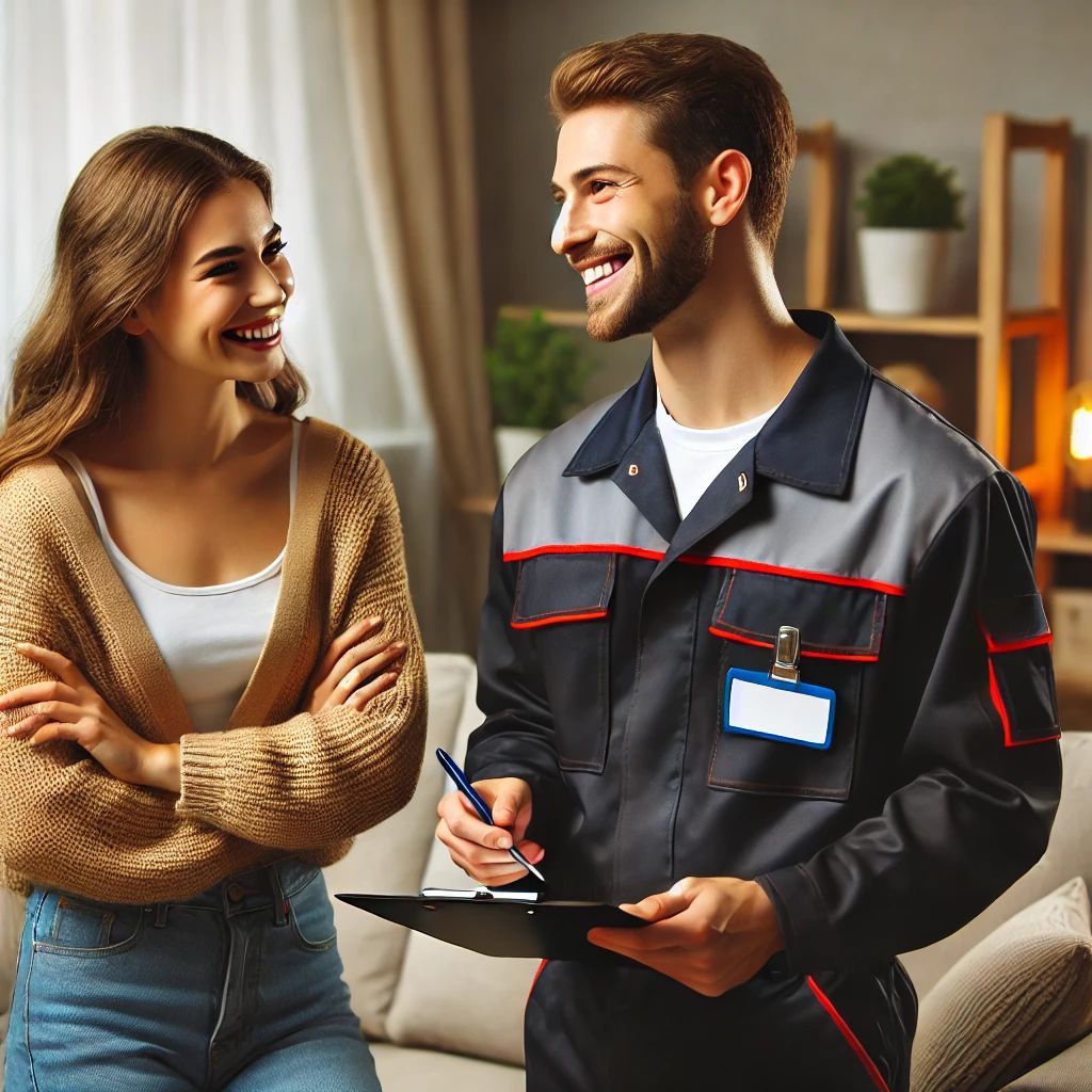 A woman smiles at a man in a work uniform holding a clipboard, meeting customer expectations. They appear to be in a living room setting.