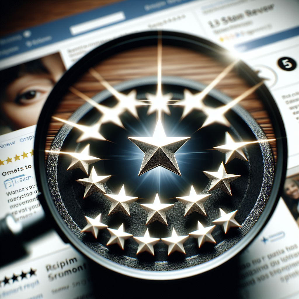 A magnifying glass focuses on a circular arrangement of glowing stars with a central star, set against a blurred background of a computer screen displaying text and user reviews, highlighting the importance of setting expectations for customer success.