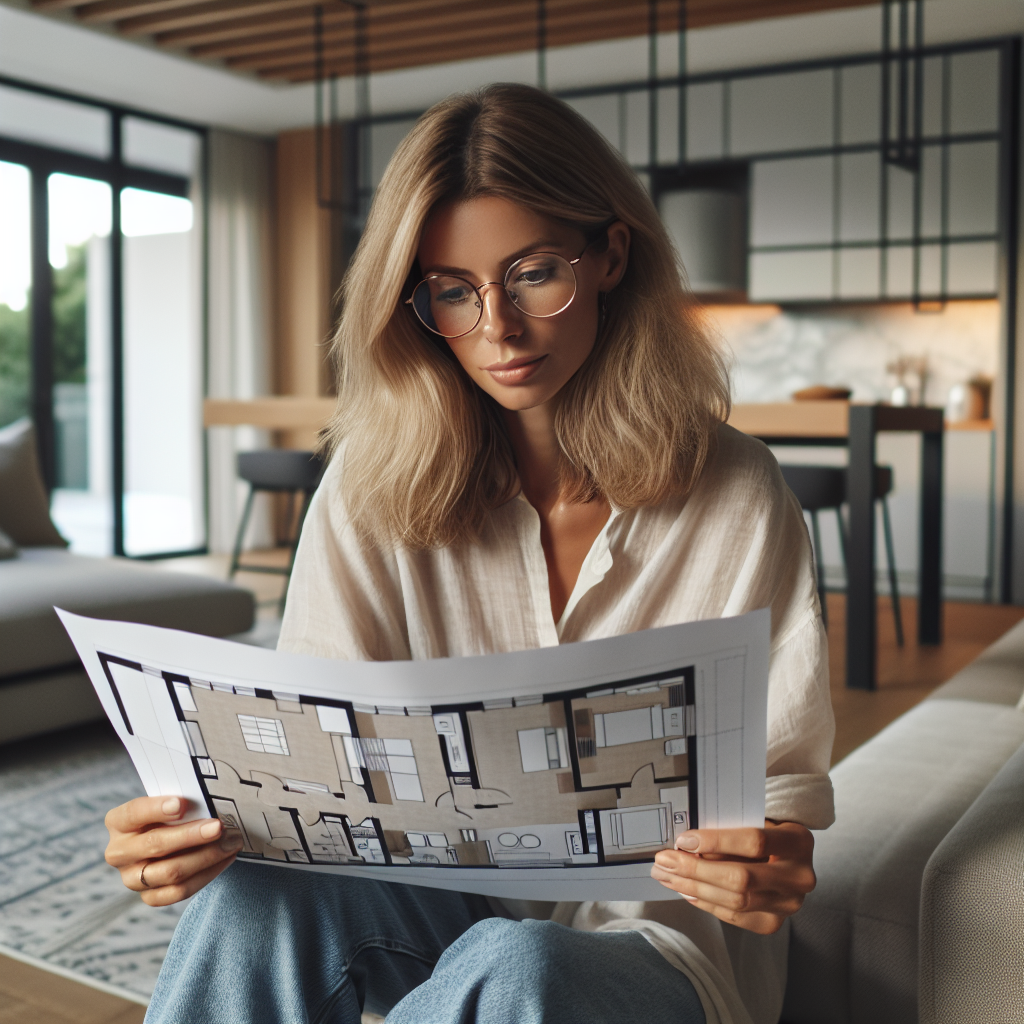 A woman with glasses examines a detailed architectural floor plan in a modern living room, ensuring success by meticulously aligning it with customer expectations.