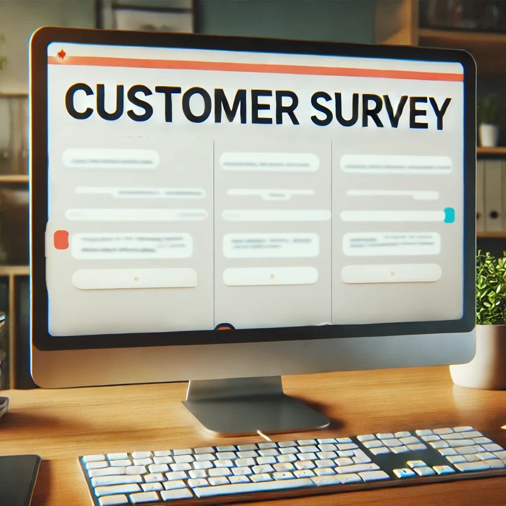 A computer screen displays a customer survey form, reflecting success in meeting customer expectations. A keyboard and potted plant are on the desk in front of the monitor.