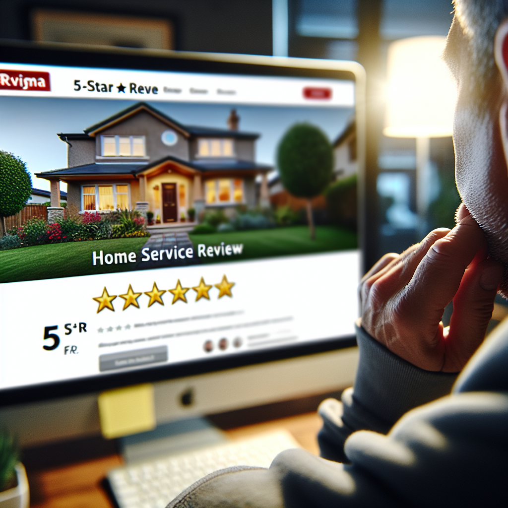 A person is looking at a computer screen displaying a home service review website with a 5-star rating for a house, feeling the success of meeting customer expectations.