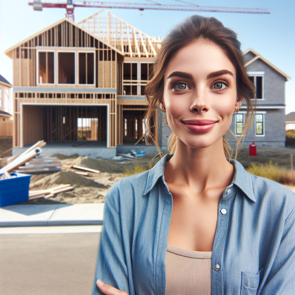 A woman stands in front of a partially constructed house, smiling with the confidence of success. She wears a denim shirt over a beige top, perfectly embodying her met customer expectations. Construction materials and tools are visible around the building site.