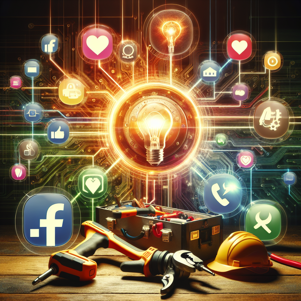 A toolkit with various tools on a wooden surface is shown alongside digital icons and a glowing light bulb in the background, symbolizing electricians' fusion of technology and traditional skills. This image can spark content ideas for social media that highlight innovative approaches in the trade.