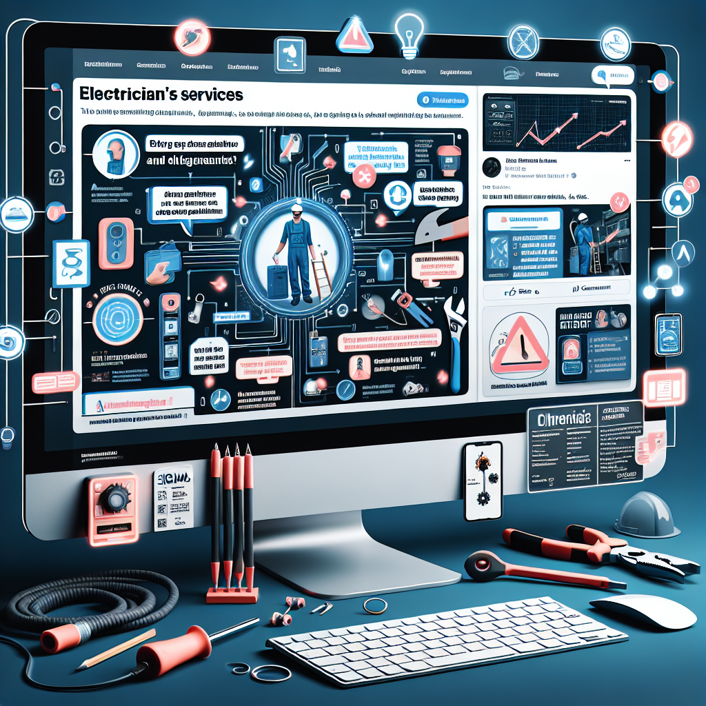 A computer screen displays an electrician's services website, with various electrical tools and equipment, including pliers, screwdrivers, and wires, scattered around. The well-lit room suggests a professional setup perfect for generating content ideas for social media.