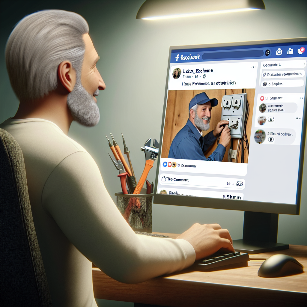 A man with gray hair sits at a desk, looking at a computer screen showing a social media post of electricians, one of whom is in a blue jacket working with electrical components.