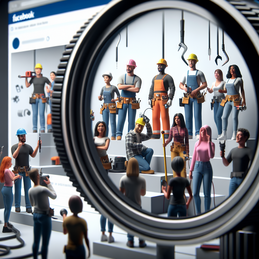 A diverse group of people, including electricians with various tools, stands on a platform viewed through a large magnifying lens, set against a Facebook page-like background filled with social media content ideas.