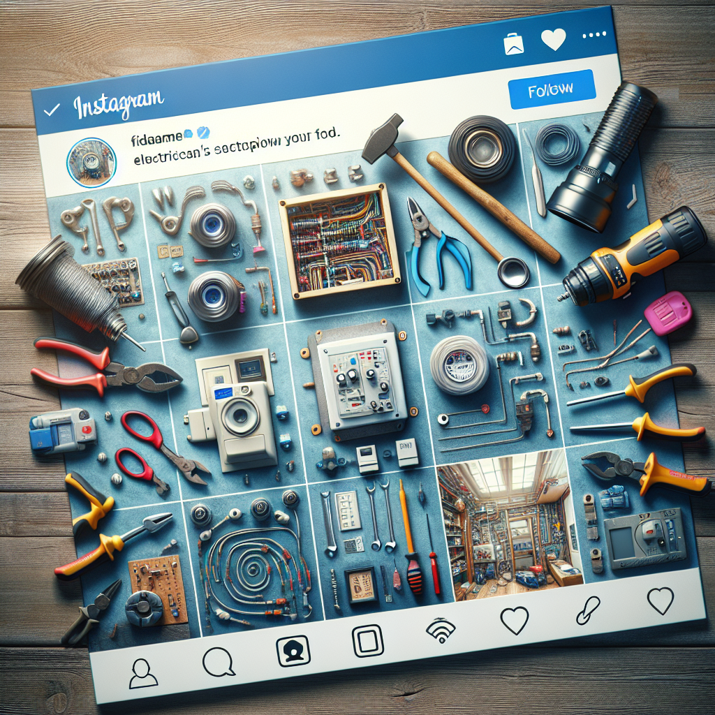 An Instagram post features various electrical tools and components neatly arranged on a wooden surface. The layout, perfect for electricians, resembles an Instagram interface with likes, comments, and follow options—offering creative content ideas for social media enthusiasts.