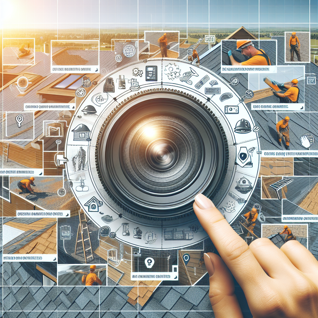 Collage of roofing imagery surrounding a large camera lens, highlighting various aspects of roofing work. A hand is pointing at the lens, implying focus on construction and roofing details, perfect for roofers seeking content ideas for social media.