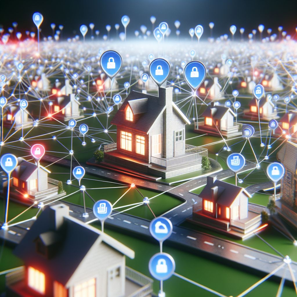 A digital network illustration shows interconnected homes with security and data icons, symbolizing smart home technology, internet connectivity, and enhancing SEO through intelligent link building.