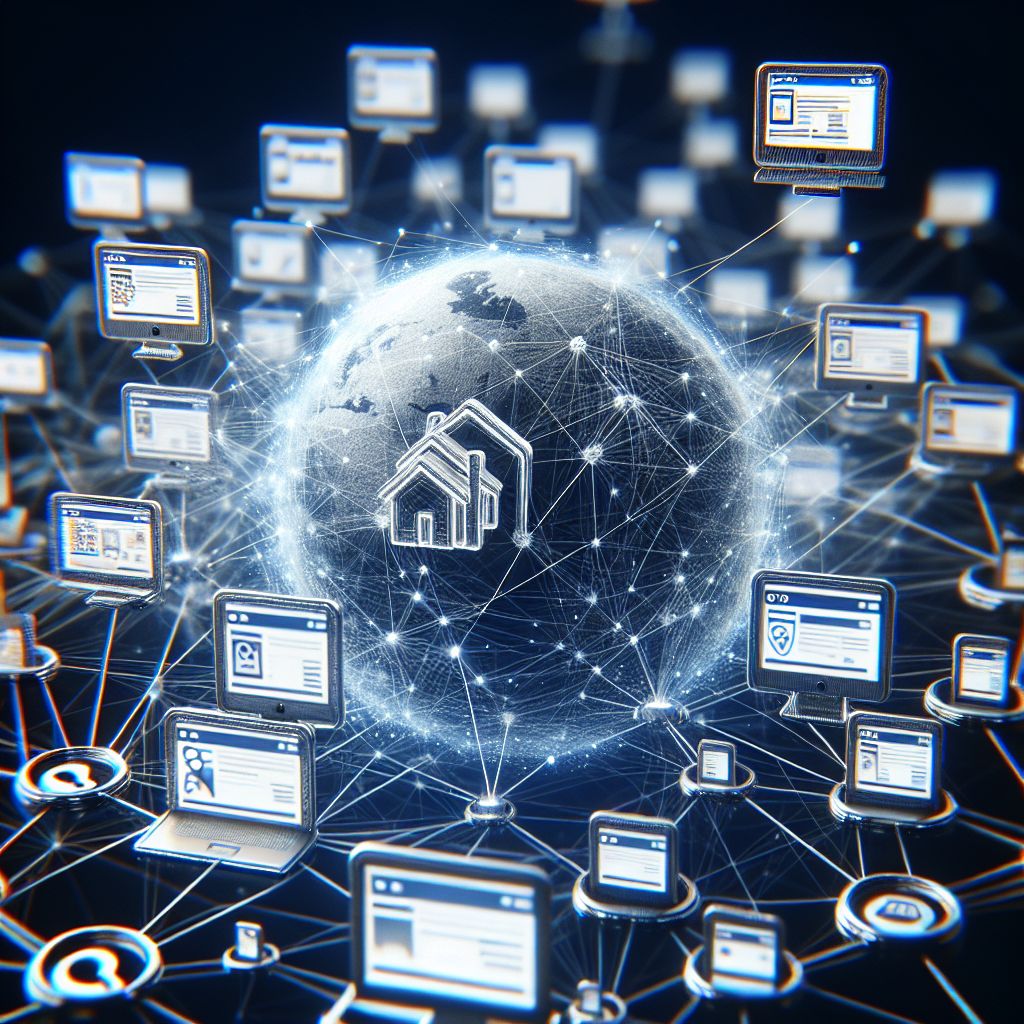 A digital globe with interlinked homes and computer interfaces, representing a connected network of devices and smart home technology—an ideal illustration for understanding how to do SEO right.