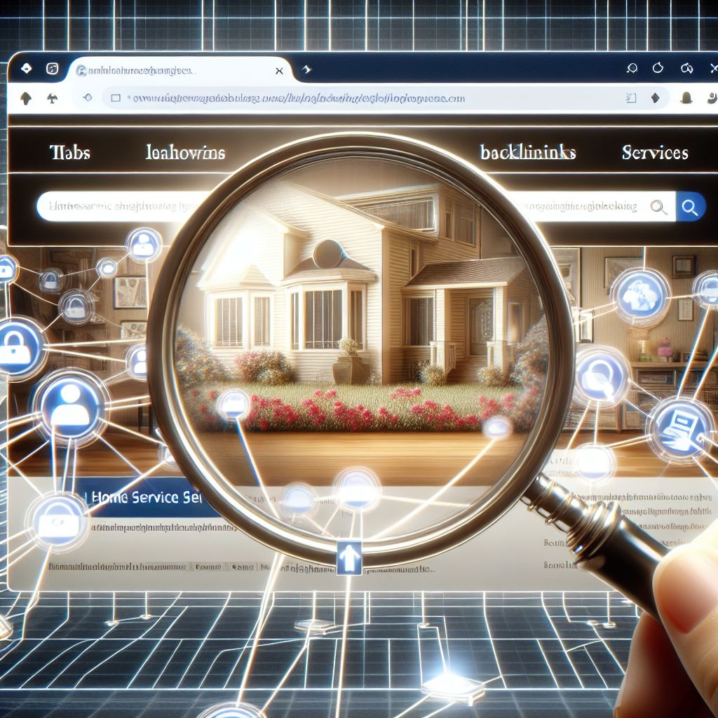 A magnifying glass focuses on a house displayed on a computer screen, surrounded by digital network icons representing security and connectivity, illustrating the importance of SEO and how to do backlinks effectively.