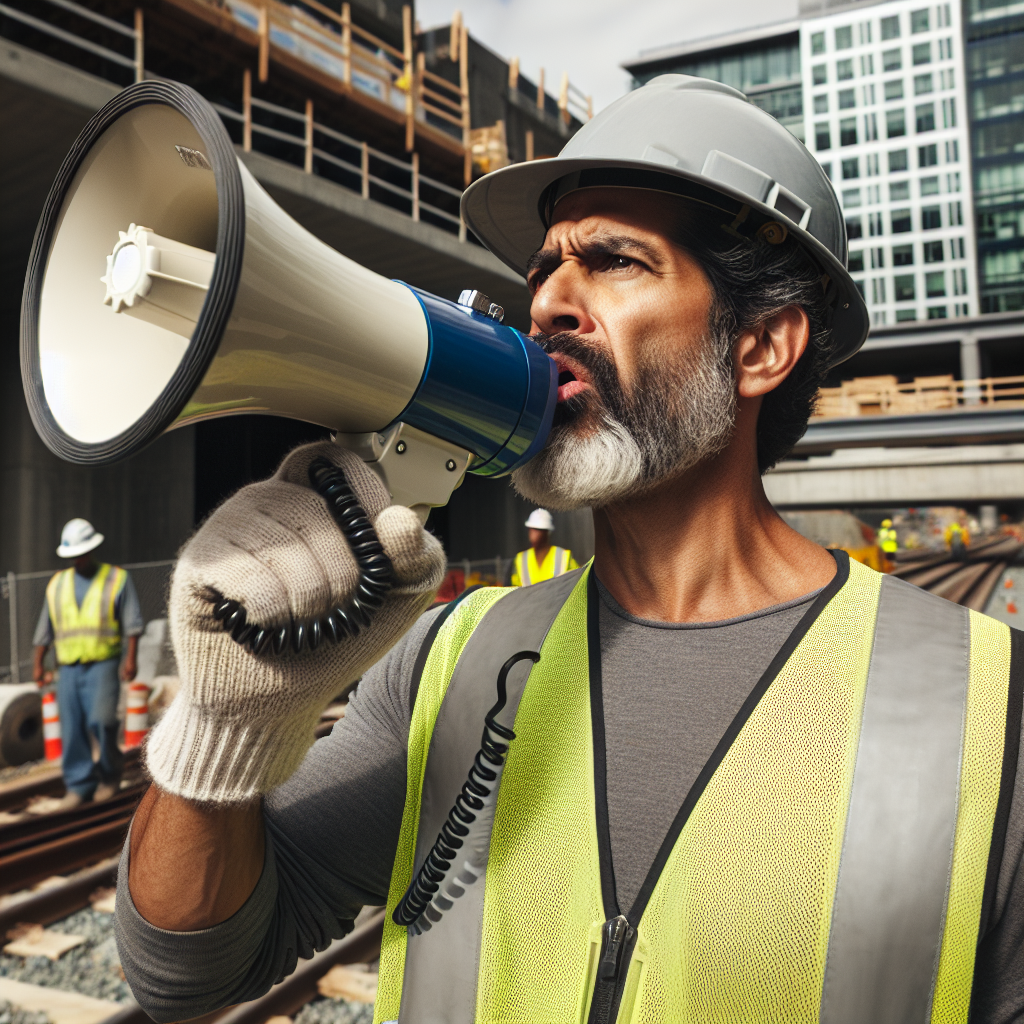 A construction worker wearing a hard hat and safety vest uses a megaphone at a bustling construction site, embodying the brand voice of an efficient home service business. Other workers and developing buildings stand in the background, showcasing the industry's growth.