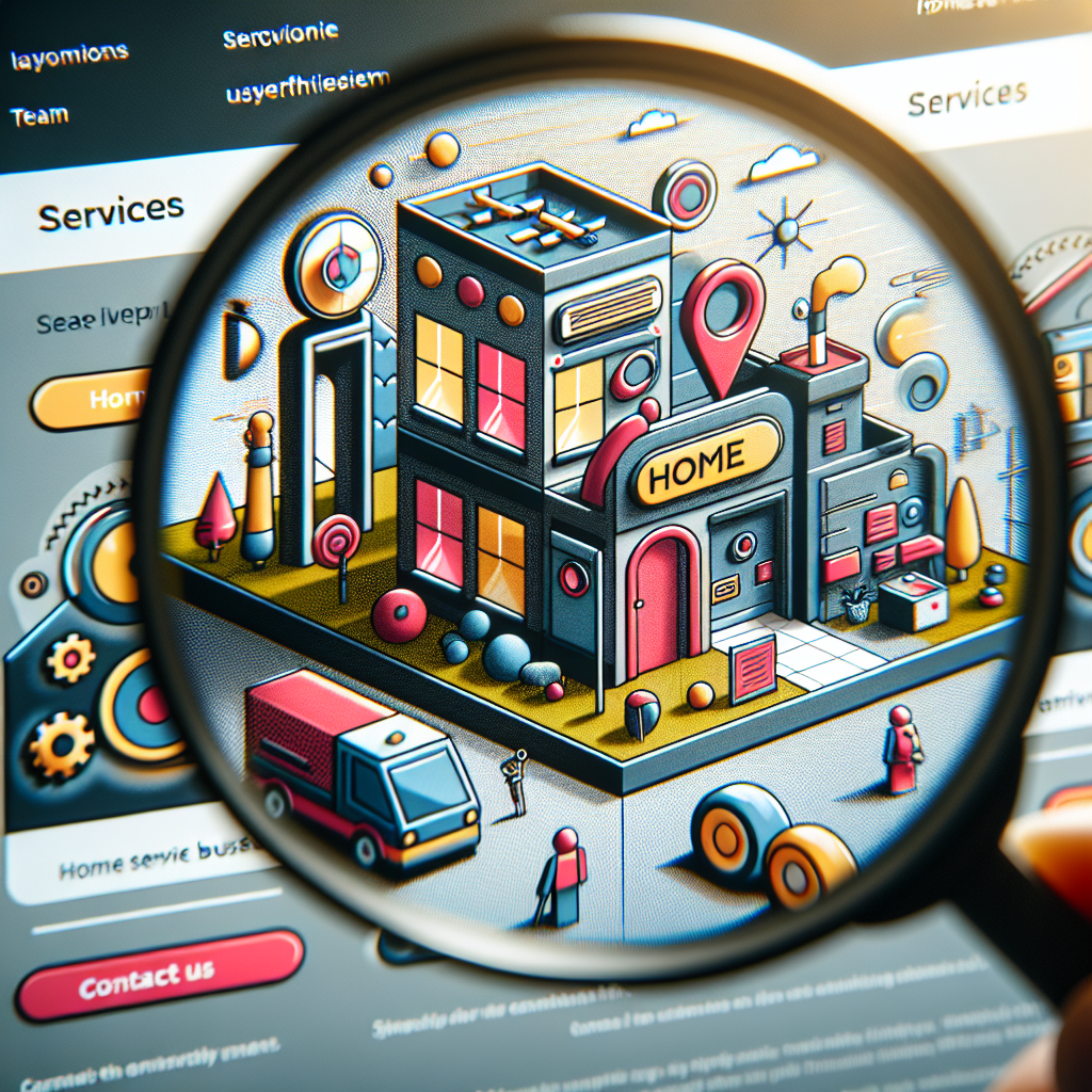 Illustration of a magnifying glass focusing on a virtual building labeled "Home." Surrounding it are icons and elements representing various services. A web interface is visible in the background, highlighting how to grow your home service business with a cohesive brand voice.