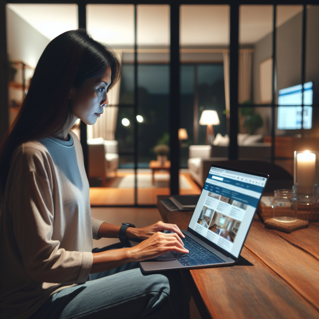 A woman works on her laptop at a wooden table in a modern, dimly-lit living room. A website with images is displayed on the screen, showcasing a home service business. Candles and a glass jar sit on the table as she strategizes ways to grow her brand voice.