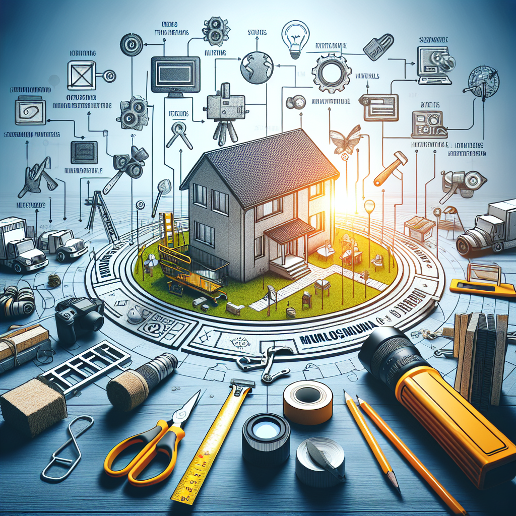 A house at the center of a circular blueprint, surrounded by various construction tools and icons representing different aspects of home improvement and renovation.