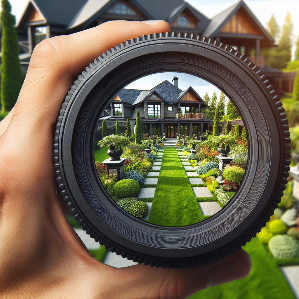 A hand holds a camera lens showing a focused view of a well-manicured garden leading to a large modern house with multiple gables and lush greenery, embodying the essence of home improvement SEO through optimized multimedia.