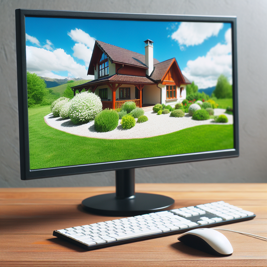 A computer monitor displays an image of a house with a well-manicured garden, embodying the essence of home improvement. A keyboard and mouse are neatly placed on the wooden desk in front of the monitor.