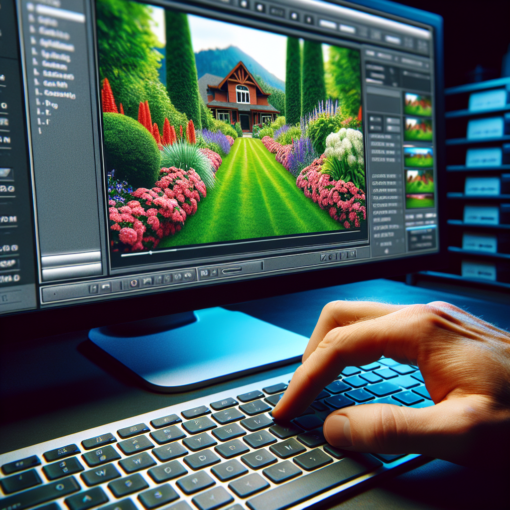 A person is editing an image of a house with a landscaped garden on a computer screen, using multimedia design software for home improvement projects.