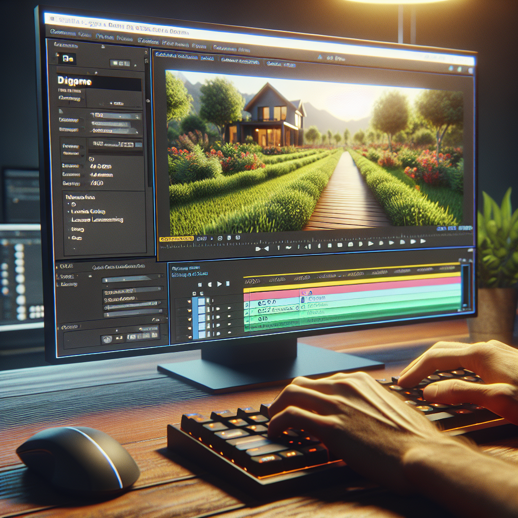 Close-up of a person's hands typing on a keyboard in front of a computer screen displaying video editing software with a nature scene, focusing on optimizing multimedia for maximum impact.