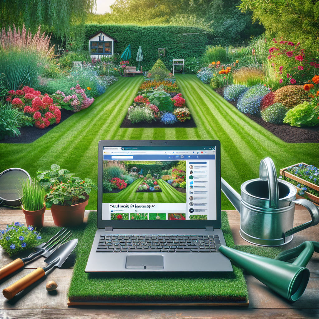 A laptop on a grassy table displays a landscaping website, offering content ideas for landscapers. Gardening tools, potted plants, and a watering can surround the laptop. The background features a well-manicured garden with vibrant flowers, perfect for social media shots.