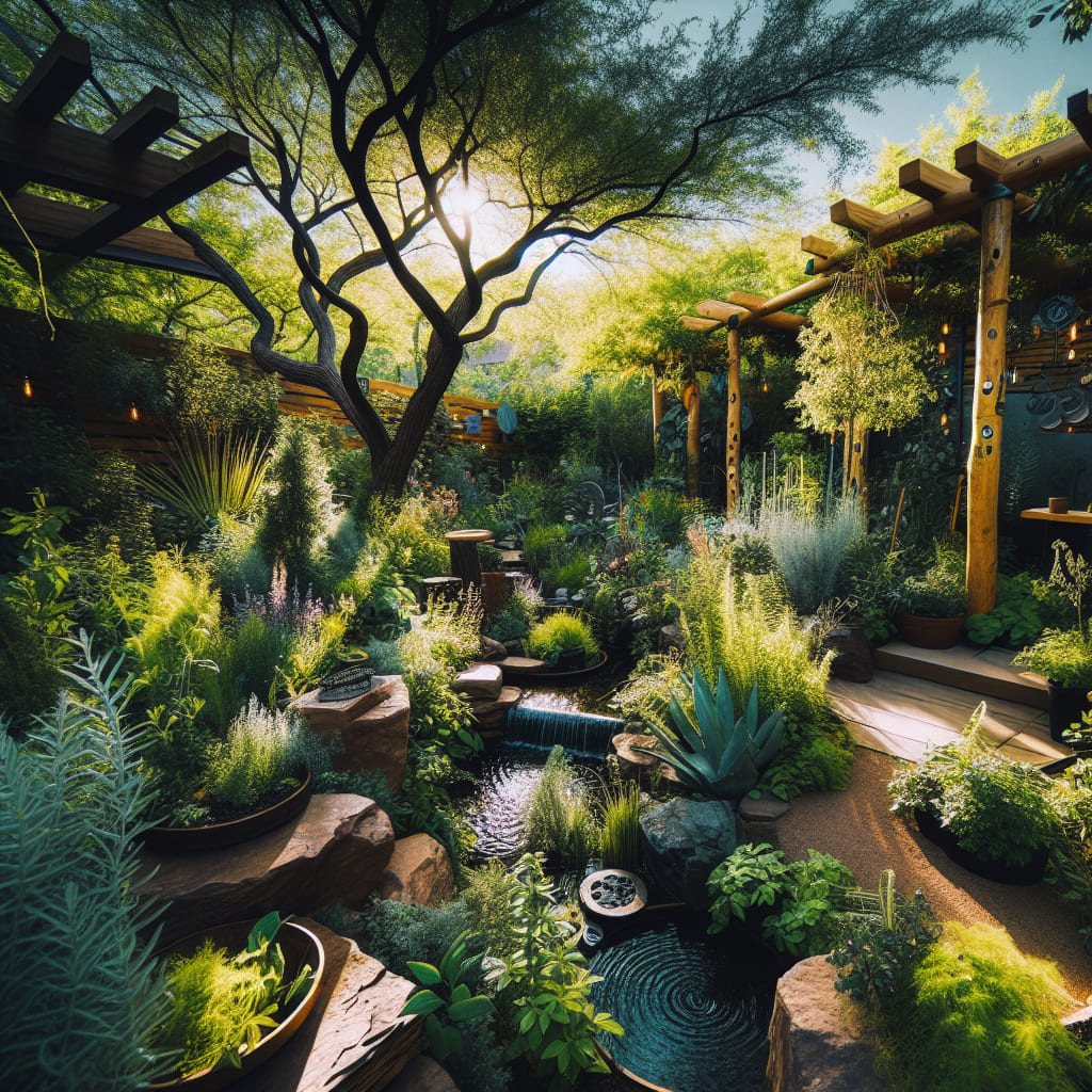 A lush garden with various plants, a pond, and stone steps. A pergola provides shade, while sunlight filters through the trees, creating a serene atmosphere perfect for social media-worthy moments or inspiring landscapers with fresh content ideas.