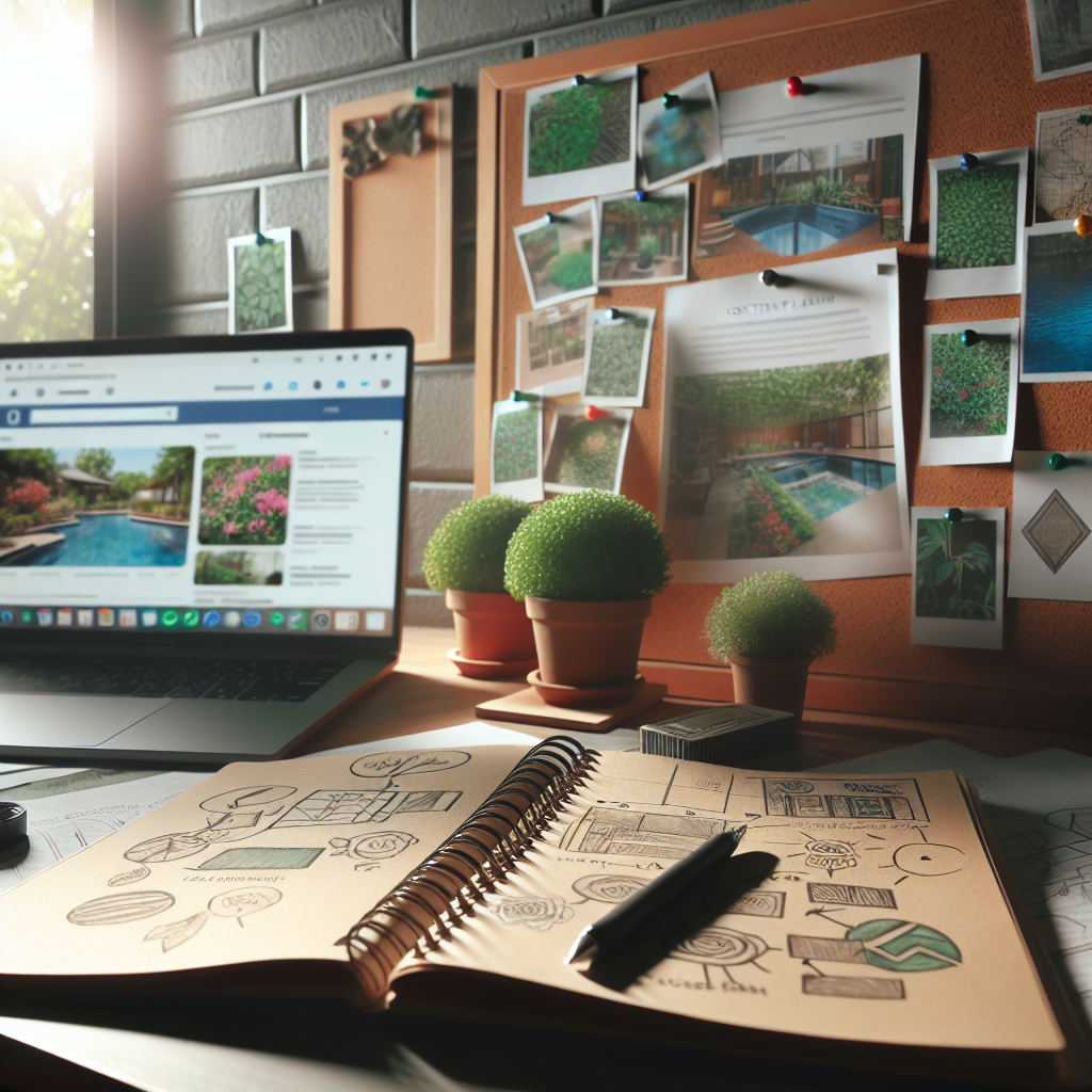 A desk with an open sketchbook showing garden designs, a pen, and three potted plants. A laptop displaying content ideas for landscapers and a corkboard with pinned photos and notes are in the background.