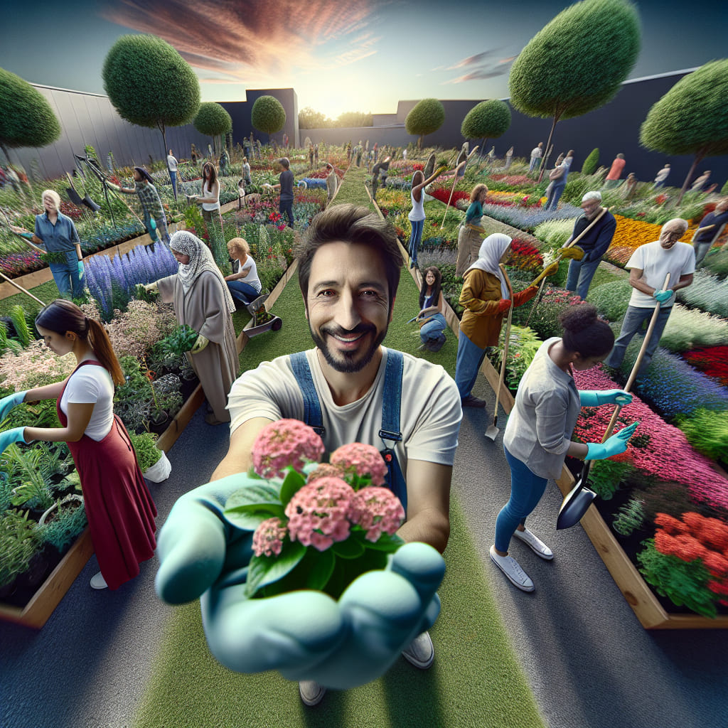 A man in blue gloves and overalls presents a flowering plant to the camera in a vibrant community garden, bustling with people gardening and various plants. Perfect for social media content ideas, this lively scene showcases landscapers at their finest.