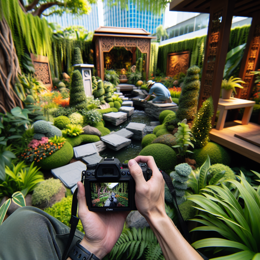 A person holding a camera photographs a meticulously designed Japanese garden with lush greenery, a small pond, and stepping stones, perfect for landscapers looking for new content ideas on social media.