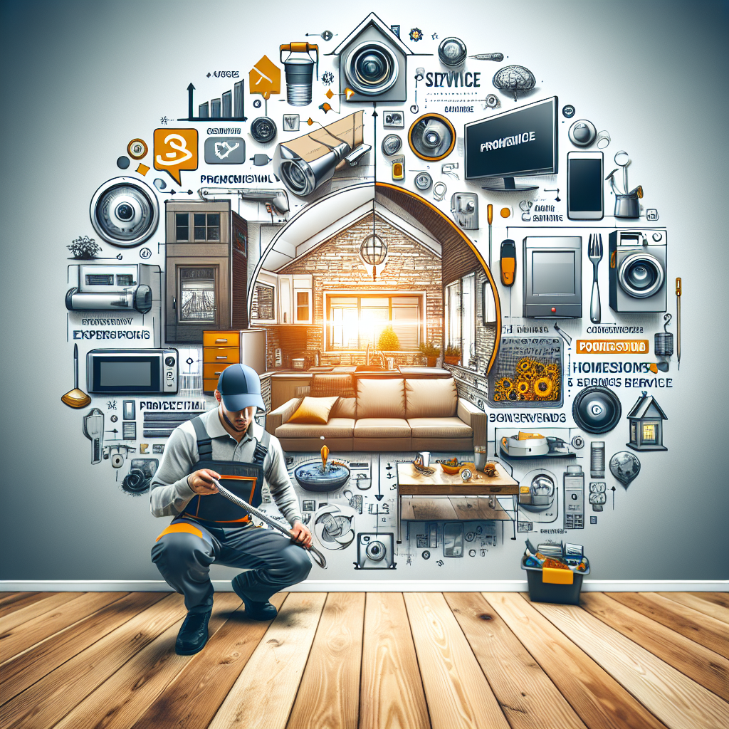 A technician is kneeling on a wooden floor while using a tablet. Behind him, a home interior scene with various icons and diagrams related to home services and technology is depicted on the wall, emphasizing the importance of brand awareness for any home service business.