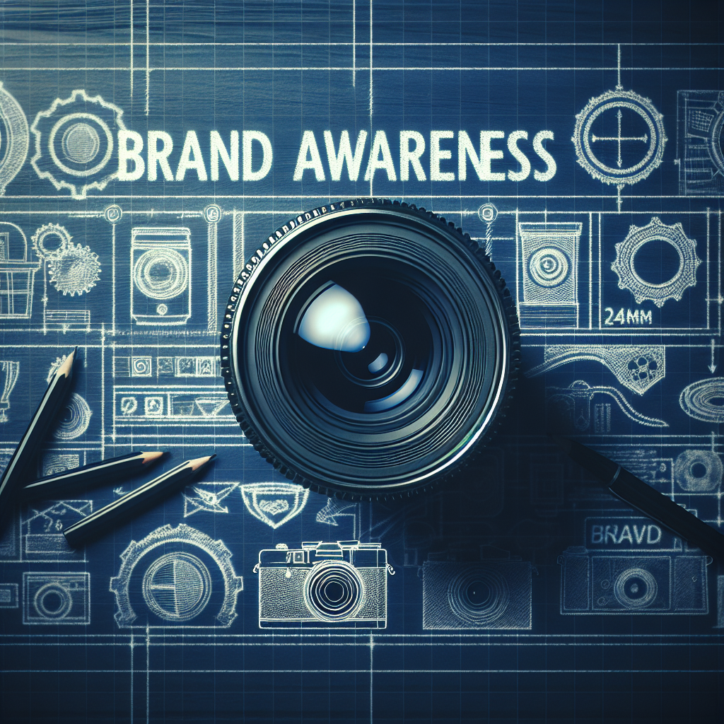 A camera lens on a blueprint background with gears and cameras, accompanied by the text "HOME SERVICE BUSINESS BRAND AWARENESS" at the top.