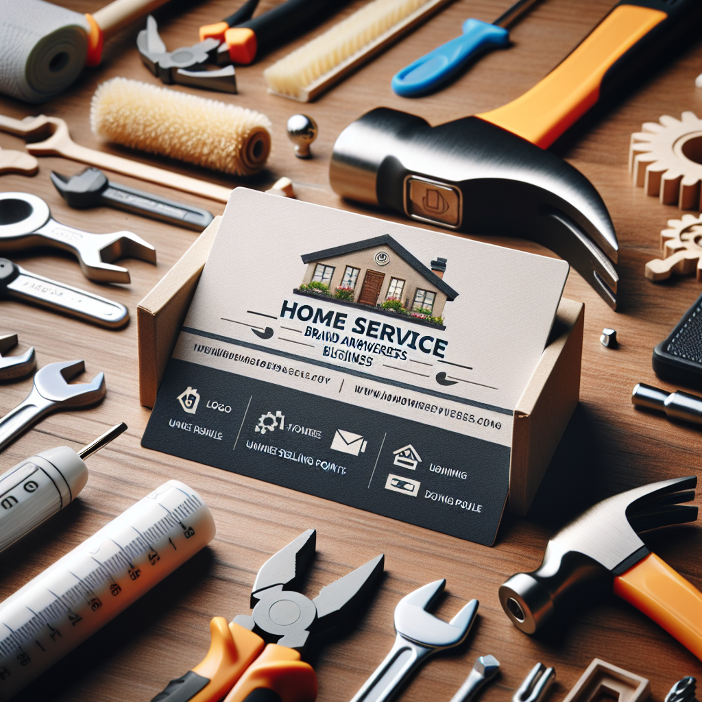 Assorted home improvement tools surrounding a business card for "Home Service" showcase contact details and services offered, such as remodeling, repairs, and painting—perfect for boosting brand awareness of your trusted home service business.