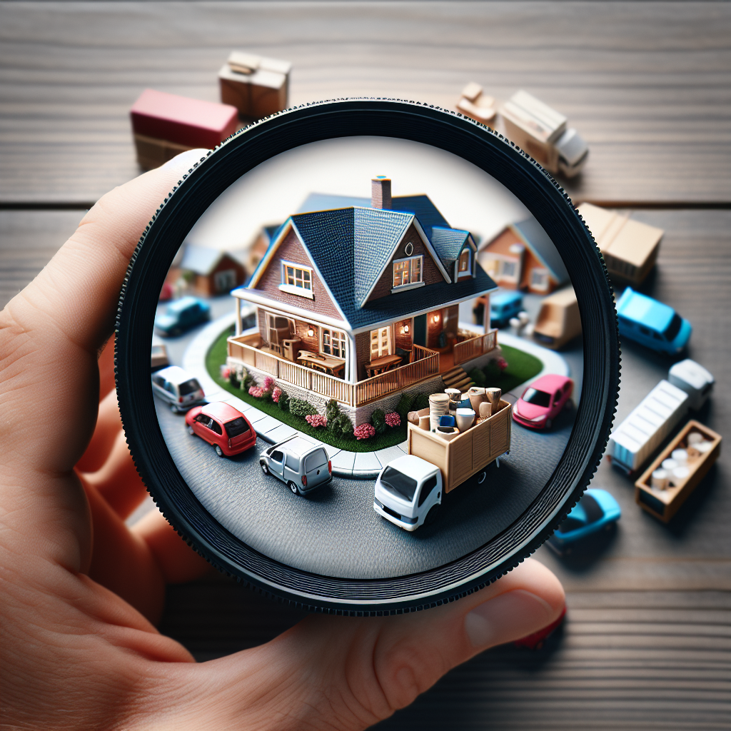 Hand holding a magnifying glass over a miniature model of a house surrounded by various toy vehicles on a wooden surface, highlighting the importance of brand awareness for any home service business.