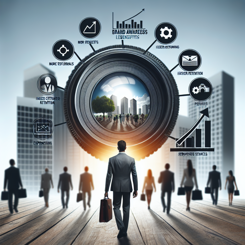 A businessperson walks towards a giant camera lens, symbolizing focus. Various icons and graphs float around, representing concepts like brand awareness, retention, efficiency, and customer attention. This imagery captures why it matters for a home service business to maintain sharp focus on core objectives.