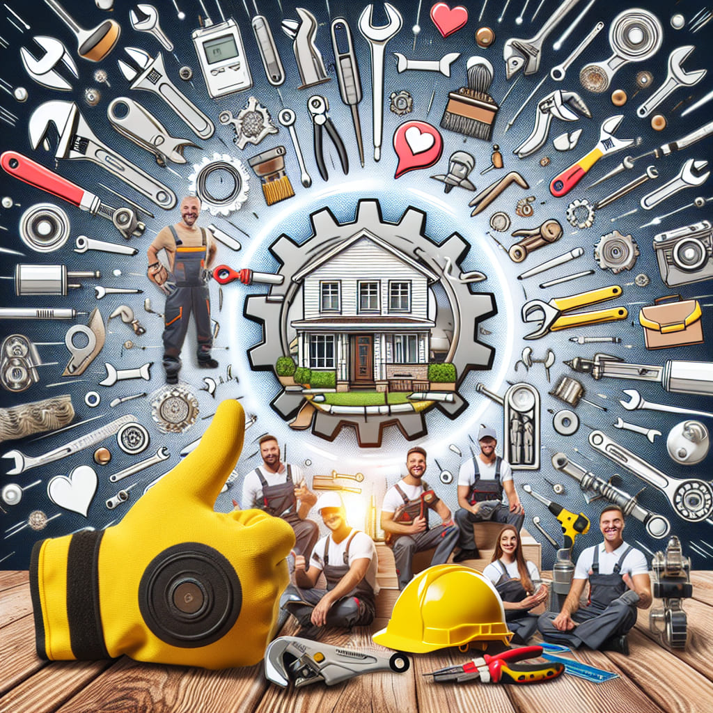 Collage depicting a house surrounded by various tools and repair icons, with a group of smiling workers in tool belts and a large gloved hand giving a thumbs up in the foreground – perfect for showcasing your Home Service Business and boosting brand awareness.