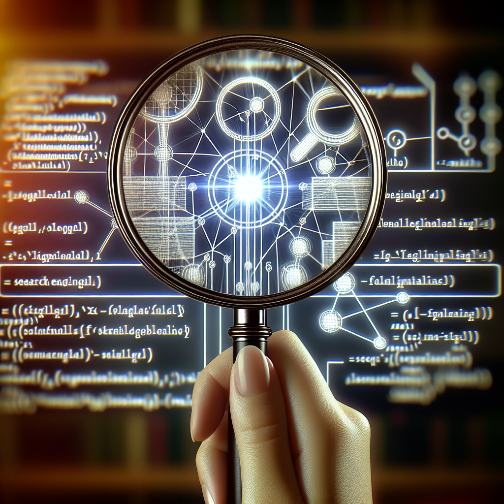 A hand holds a magnifying glass over a digital interface, revealing complex mathematical equations and schematic diagrams, offering better insights much like effective SEO techniques enhance visibility.