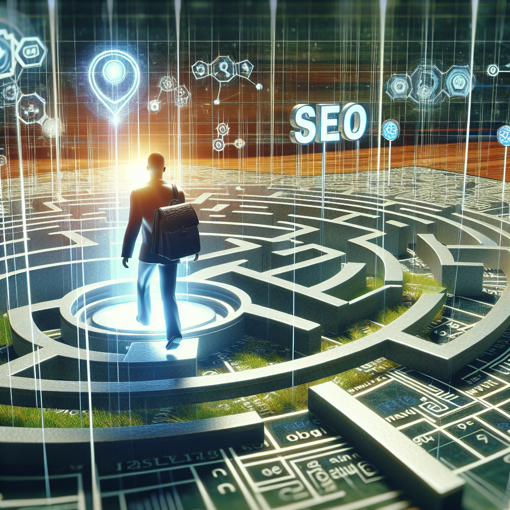 A person with a backpack stands in the center of a futuristic, digital maze with "Better SEO" and various tech icons holographically displayed above.