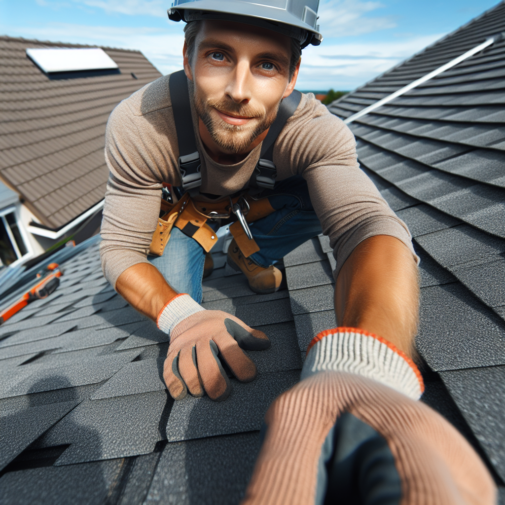 A worker wearing a safety harness and helmet is smiling while working on the rooftop shingles of a house under the clear blue sky—perfect social media content showcasing dedicated roofers at work.