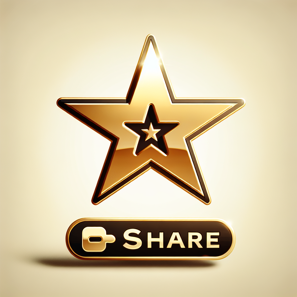 A golden star with a smaller star inside and the word "Share" below it on a golden button with a share icon, perfect for Roofers looking to boost their social media presence.