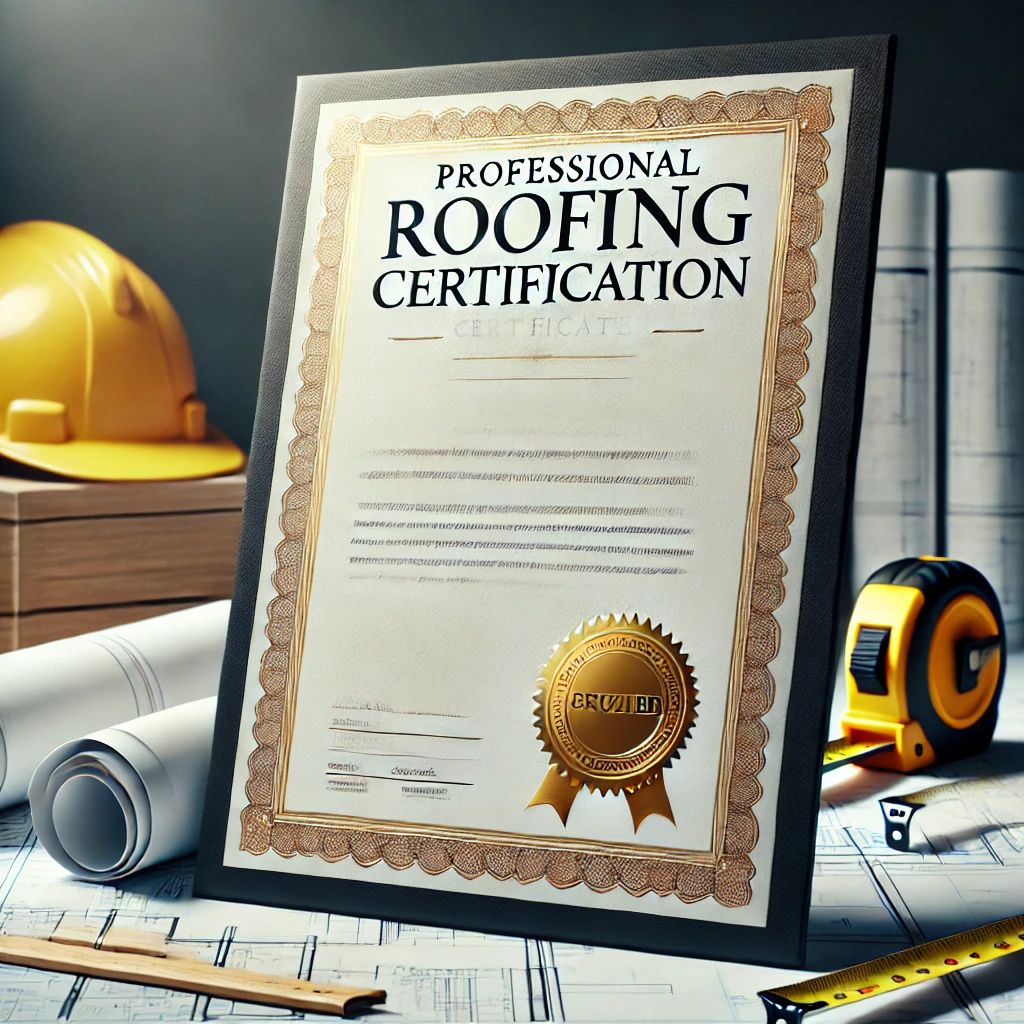 A framed Professional Roofing Certification displayed on a desk with a yellow hard hat, blueprints, a spirit level, and a measuring tape offers excellent content ideas for roofers' social media.