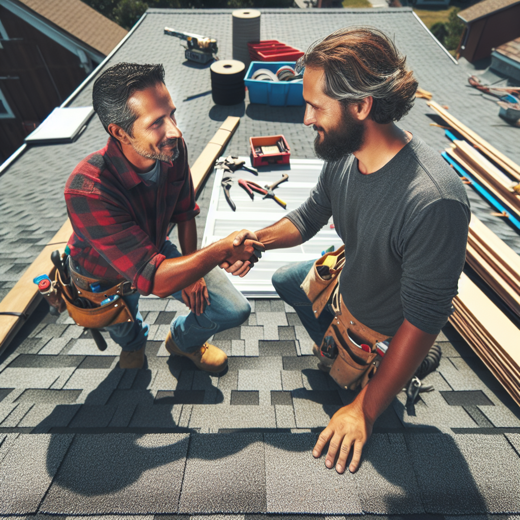 Two roofers in tool belts shake hands on a rooftop amidst various tools and materials, showcasing teamwork or agreement. Perfect for social media content ideas highlighting collaboration and craftsmanship.